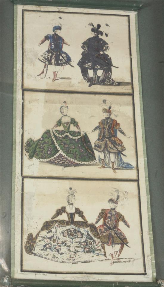 Early 19th century Italian School, six watercolours, depicting couples in costumes and a scene of Gretensi